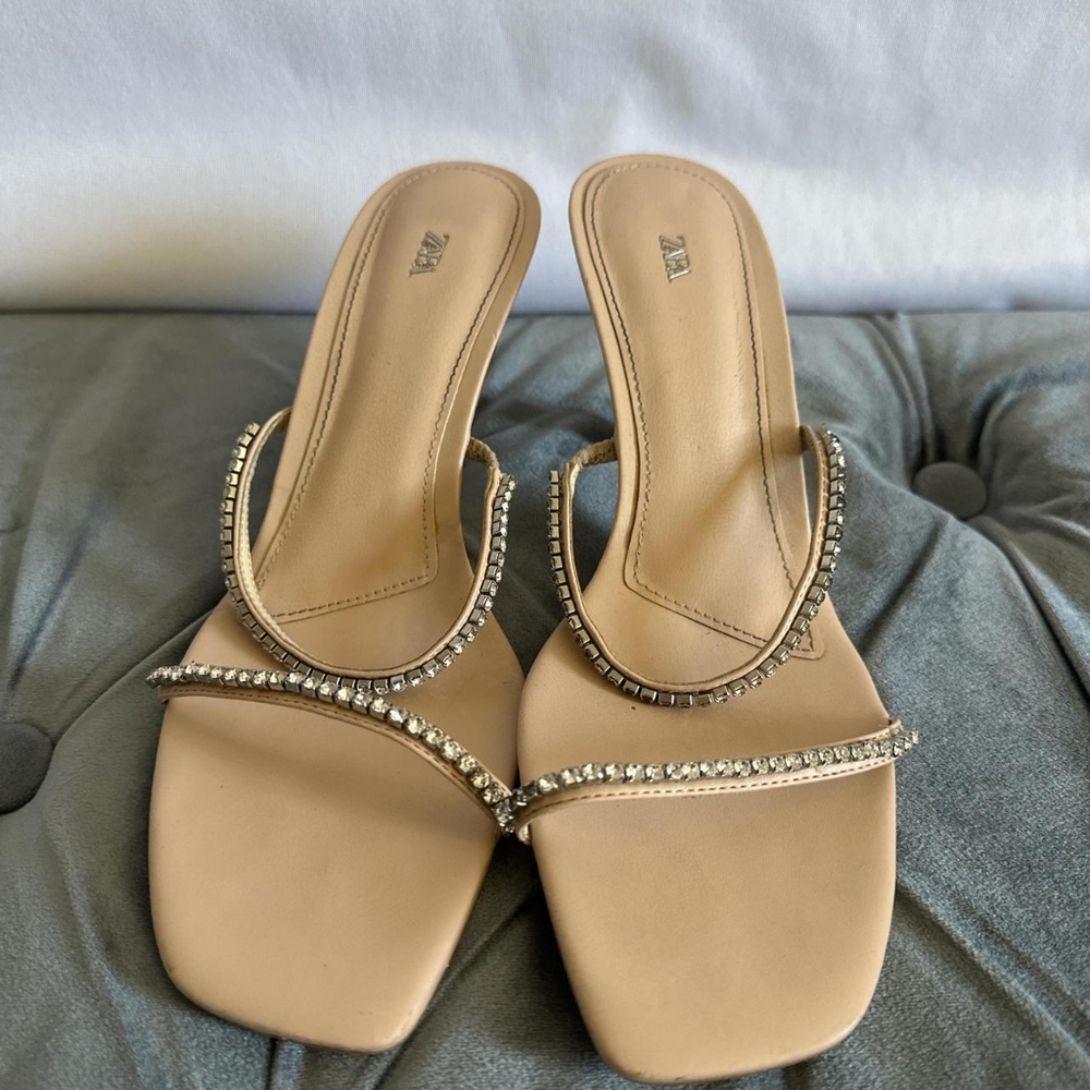 Zara Beige Crystal-Embellished Sandals